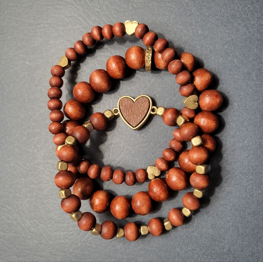 Brown Beaded Bracelet Set Of 3 with Heart Charm